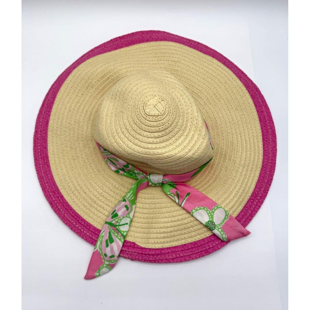 Lilly Pulitzer Women's Straw Wide Brim Sun Hat Floral Bow Beige Pink One Size